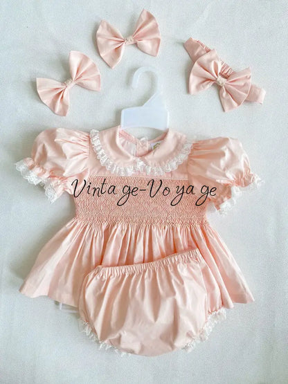PRE-ORDER & GET IT NEXT WEEK! NEW! FREYA PEACH HAND-SMOCKED SHORT DRESS,PANTIES & HAIR ACCESSORIES NB Baby & Toddler