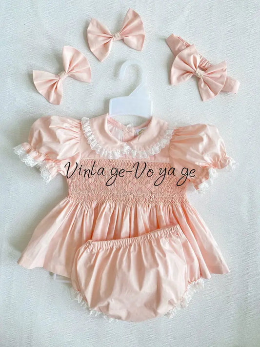 PRE-ORDER & GET IT NEXT WEEK! NEW! FREYA PEACH HAND-SMOCKED SHORT DRESS,PANTIES & HAIR ACCESSORIES NB Baby & Toddler
