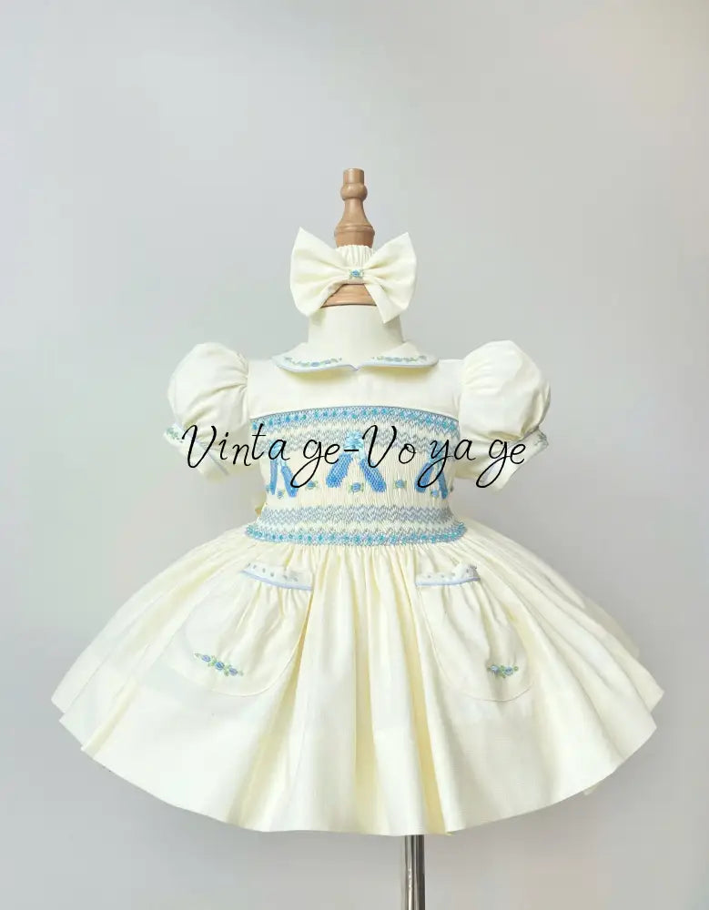 PRE-ORDER & GET IT NEXT WEEK! NEW LINA BALLERINA CREAM & BLUE HAND-SMOCKED DRESS & ACCESSORIES - 6M - Baby & Toddler