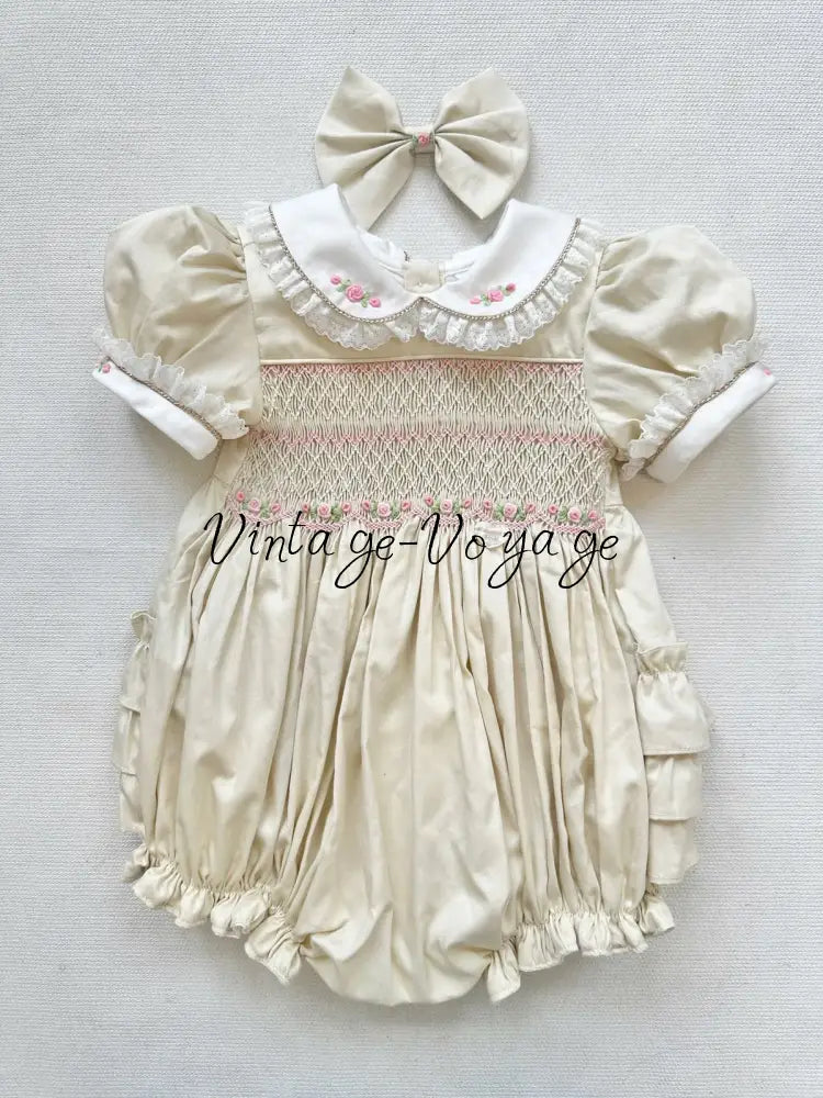 PRE-ORDER & GET IT NEXT WEEK‼️NEW😍MAGGIE👑BABY GIRLS CREAM HAND-SMOCKED ROMPER & ACCESSORIES🎀 - 1M - Baby & Toddler
