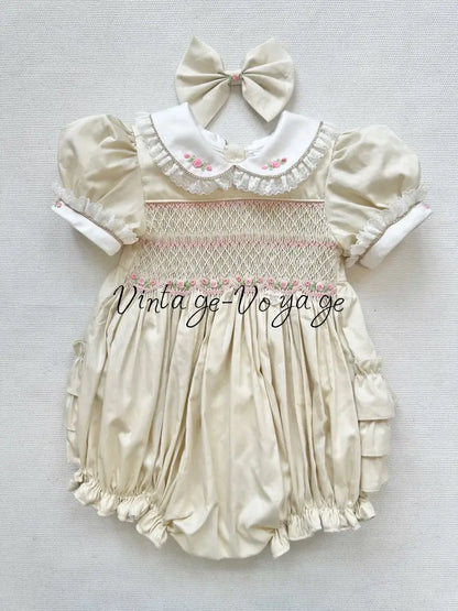 PRE-ORDER & GET IT NEXT WEEK‼️NEW😍MAGGIE👑BABY GIRLS CREAM HAND-SMOCKED ROMPER & ACCESSORIES🎀 - 1M - Baby & Toddler