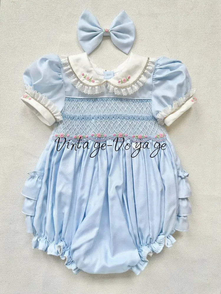 PRE-ORDER & GET IT NEXT WEEK‼️NEW😍MAGGIE👑BABY GIRLS PALE BLUE HAND-SMOCKED ROMPER & ACCESSORIES🎀 - 1M - Baby & Toddler