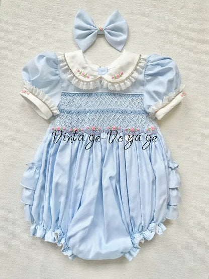 PRE-ORDER & GET IT NEXT WEEK‼️NEW😍MAGGIE👑BABY GIRLS PALE BLUE HAND-SMOCKED ROMPER & ACCESSORIES🎀 - 1M - Baby & Toddler