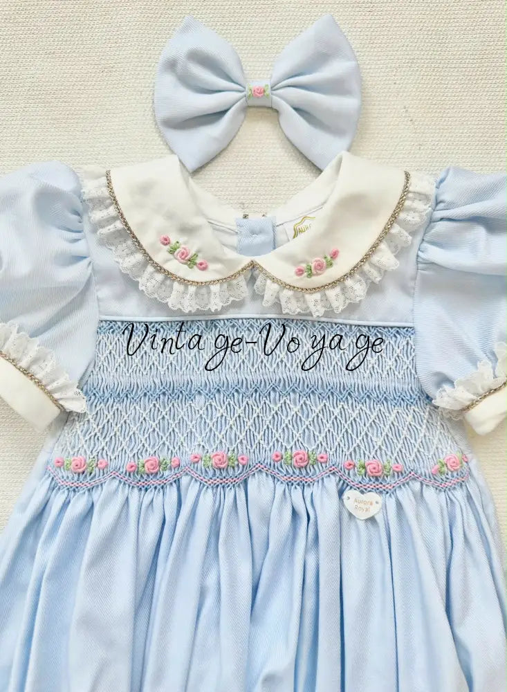 PRE-ORDER & GET IT NEXT WEEK‼️NEW😍MAGGIE👑BABY GIRLS PALE BLUE HAND-SMOCKED ROMPER & ACCESSORIES🎀 - Baby & Toddler