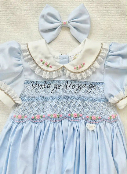 PRE-ORDER & GET IT NEXT WEEK‼️NEW😍MAGGIE👑BABY GIRLS PALE BLUE HAND-SMOCKED ROMPER & ACCESSORIES🎀 - Baby & Toddler