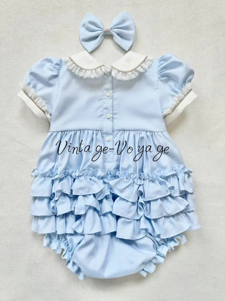 PRE-ORDER & GET IT NEXT WEEK‼️NEW😍MAGGIE👑BABY GIRLS PALE BLUE HAND-SMOCKED ROMPER & ACCESSORIES🎀 - Baby & Toddler