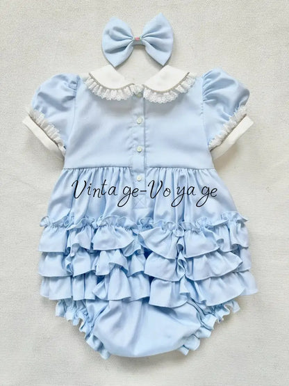 PRE-ORDER & GET IT NEXT WEEK‼️NEW😍MAGGIE👑BABY GIRLS PALE BLUE HAND-SMOCKED ROMPER & ACCESSORIES🎀 - Baby & Toddler