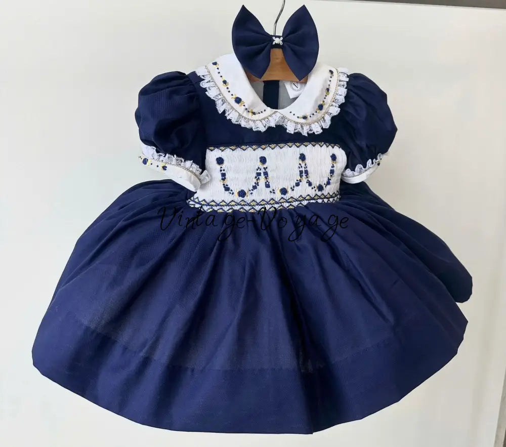 PRE-ORDER & GET IT NEXT WEEK! NEW🤩MARY👑NAVY BLUE HAND-SMOCKED🧵🪡DRESS PANTIES & HAIR ACCESSORIES🎀 3-6 months Baby &