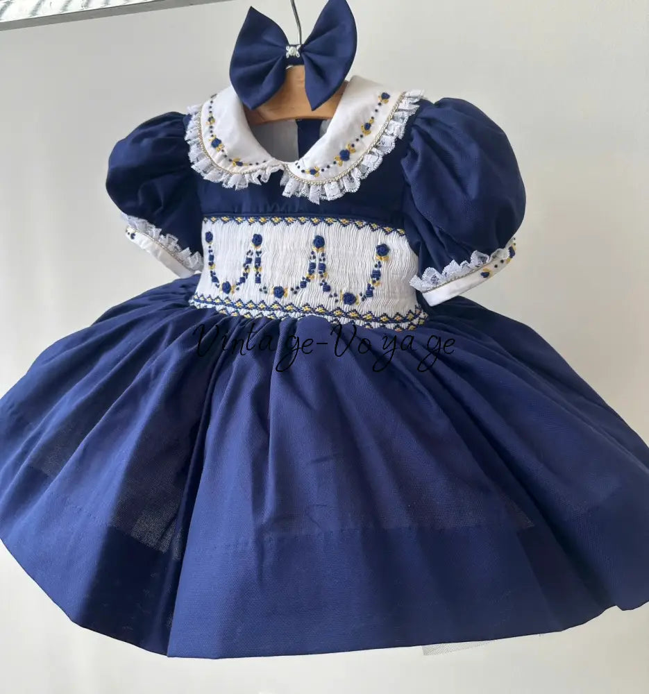 PRE-ORDER & GET IT NEXT WEEK! NEW🤩MARY👑NAVY BLUE HAND-SMOCKED🧵🪡DRESS PANTIES & HAIR ACCESSORIES🎀 Baby & Toddler Dresses