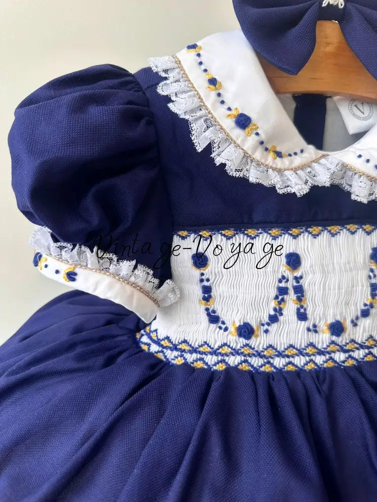PRE-ORDER & GET IT NEXT WEEK! NEW🤩MARY👑NAVY BLUE HAND-SMOCKED🧵🪡DRESS PANTIES & HAIR ACCESSORIES🎀 Baby & Toddler Dresses