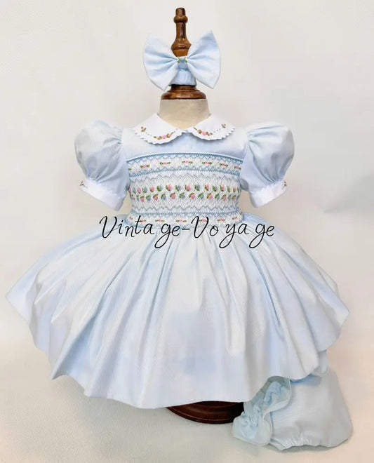 PRE-ORDER & GET IT NEXT WEEK‼️NEW🤩PALOMA BABY BLUE FRONT & BACK HAND-SMOCKED🧵🪡DRESS,PANTIES & BOWS🎀 3M Baby & Toddler