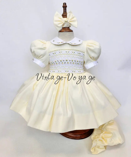 PRE-ORDER & GET IT NEXT WEEK! NEW! PALOMA LEMON FRONT & BACK HAND-SMOCKED🧵🪡DRESS & BOWS🎀 3M Baby & Toddler Dresses