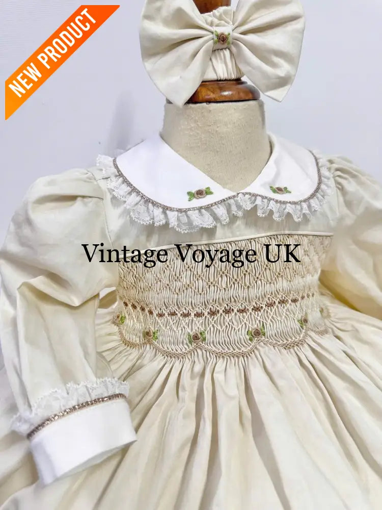 PRE-ORDER & GET IT NEXT WEEK! NEW! REBECCA CREAM HAND-SMOCKED DRESS & BOWS 6-12 months Baby & Toddler Dresses