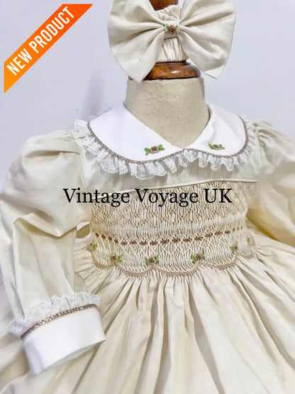 PRE-ORDER & GET IT NEXT WEEK! NEW! REBECCA CREAM HAND-SMOCKED DRESS & BOWS 6-12 months Baby & Toddler Dresses