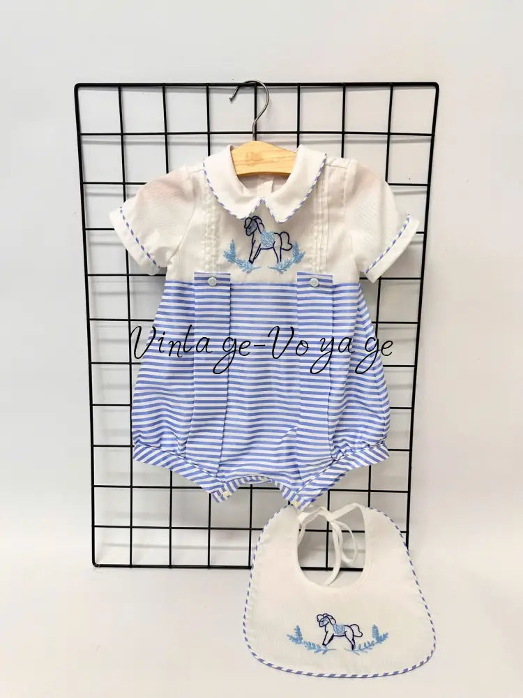 PRE-ORDER & GET IT NEXT WEEK! NEW!ROCKING HORSE🐴BLUE STRIPES🧲HAND-EMBROIDERED🧵🪡ROMPER & BIB SET👼 3M Baby & Toddler