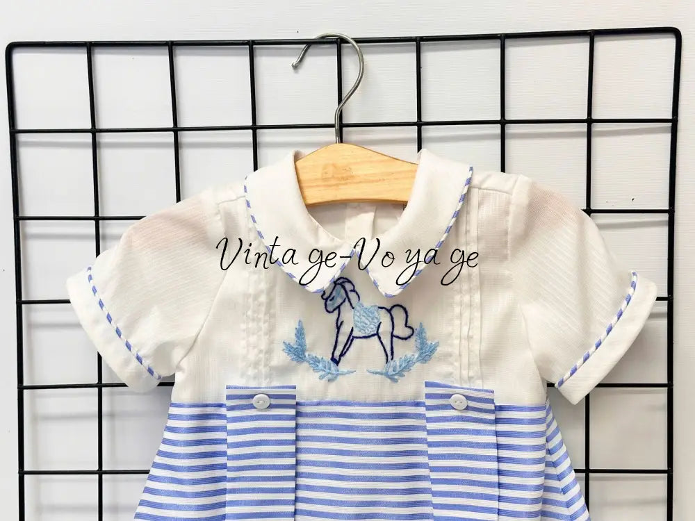 PRE-ORDER & GET IT NEXT WEEK! NEW!ROCKING HORSE🐴BLUE STRIPES🧲HAND-EMBROIDERED🧵🪡ROMPER & BIB SET👼 Baby & Toddler Outfits
