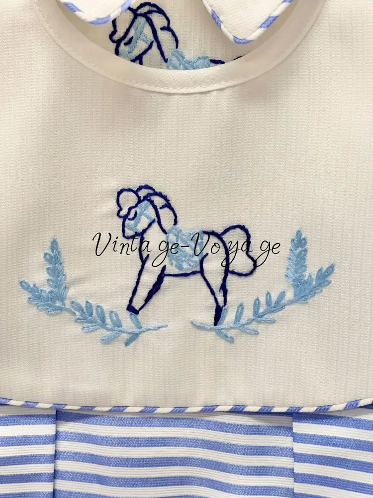 PRE-ORDER & GET IT NEXT WEEK! NEW!ROCKING HORSE🐴BLUE STRIPES🧲HAND-EMBROIDERED🧵🪡ROMPER & BIB SET👼 Baby & Toddler Outfits