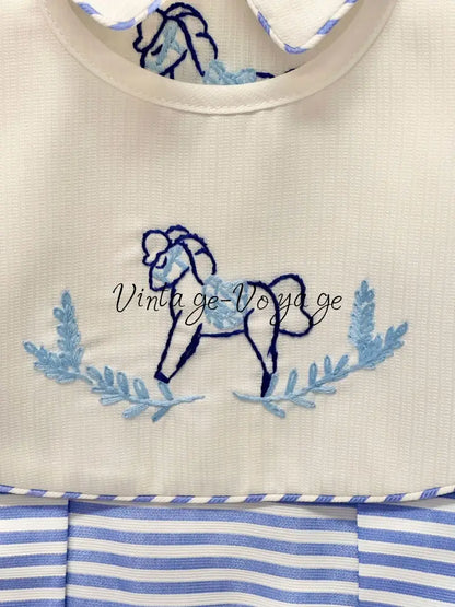 PRE-ORDER & GET IT NEXT WEEK! NEW!ROCKING HORSE🐴BLUE STRIPES🧲HAND-EMBROIDERED🧵🪡ROMPER & BIB SET👼 Baby & Toddler Outfits