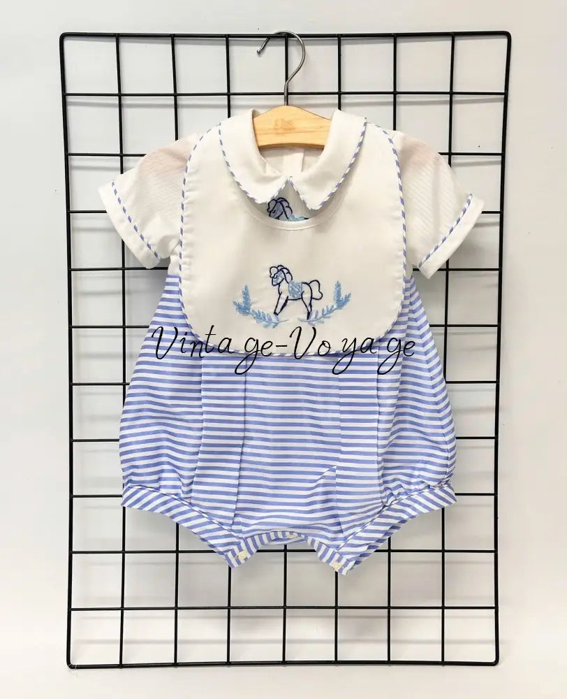 PRE-ORDER & GET IT NEXT WEEK! NEW!ROCKING HORSE🐴BLUE STRIPES🧲HAND-EMBROIDERED🧵🪡ROMPER & BIB SET👼 NB-1M Baby & Toddler