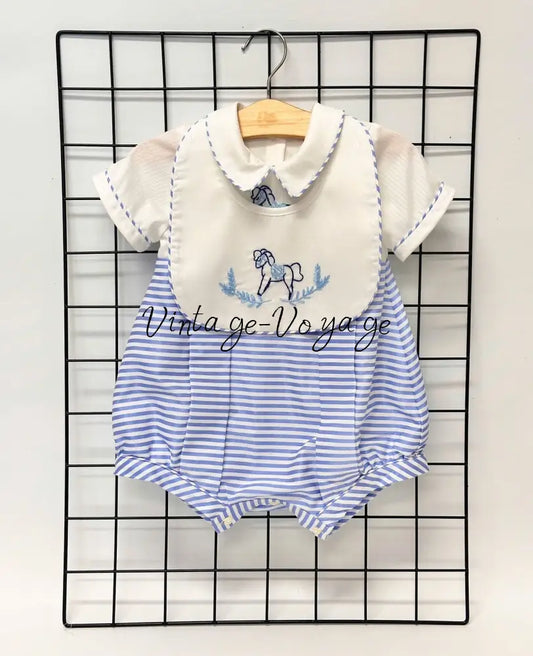 PRE-ORDER & GET IT NEXT WEEK! NEW!ROCKING HORSE🐴BLUE STRIPES🧲HAND-EMBROIDERED🧵🪡ROMPER & BIB SET👼 NB-1M Baby & Toddler