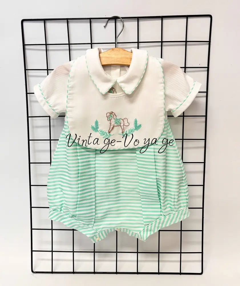 PRE-ORDER & GET IT NEXT WEEK!NEW!ROCKING HORSE🐴MINT STRIPES🧲HAND-EMBROIDERED🧵🪡ROMPER & BIB SET👼 Baby & Toddler Outfits