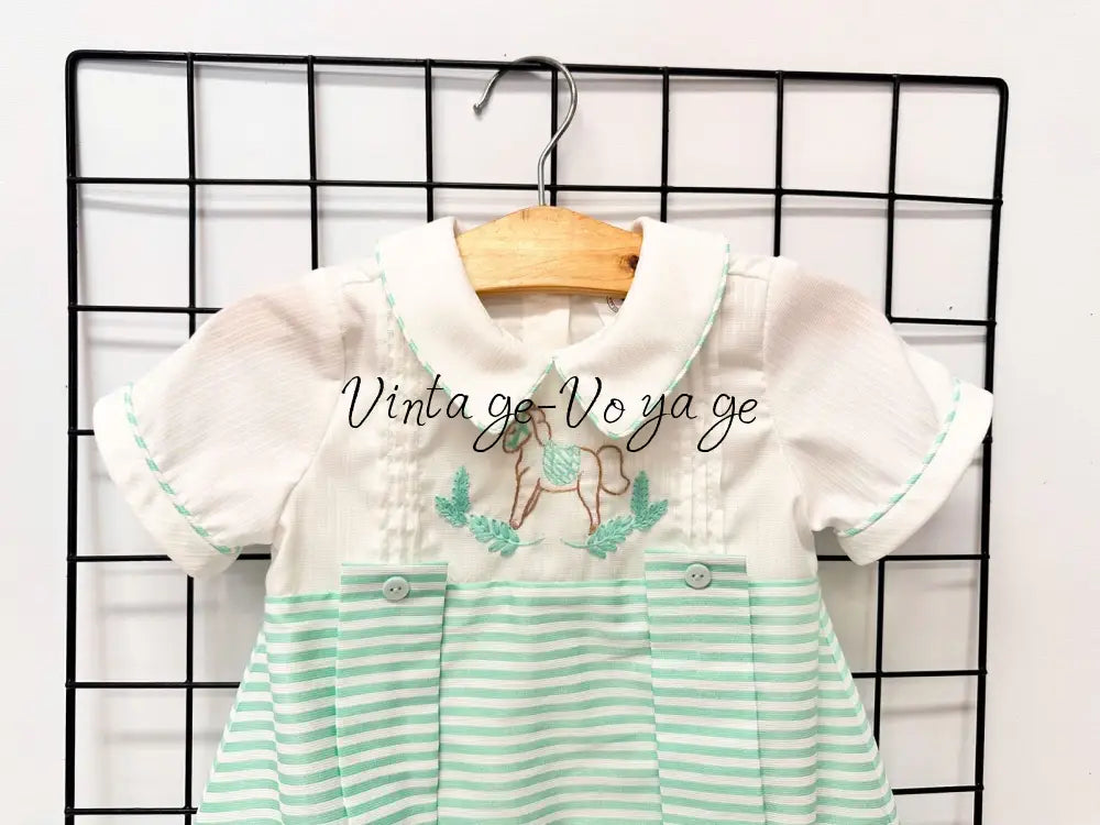 PRE-ORDER & GET IT NEXT WEEK!NEW!ROCKING HORSE🐴MINT STRIPES🧲HAND-EMBROIDERED🧵🪡ROMPER & BIB SET👼 Baby & Toddler Outfits