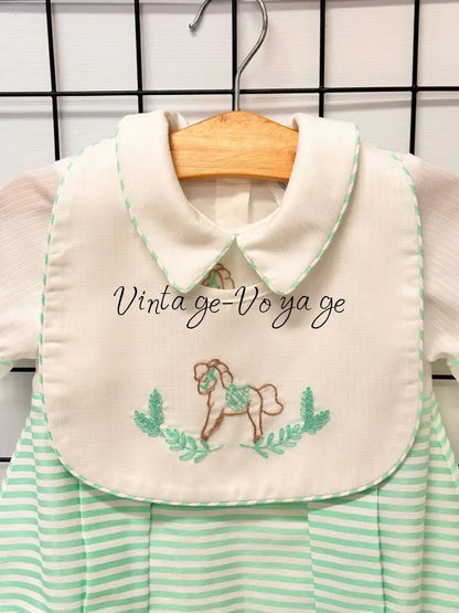 PRE-ORDER & GET IT NEXT WEEK!NEW!ROCKING HORSE🐴MINT STRIPES🧲HAND-EMBROIDERED🧵🪡ROMPER & BIB SET👼 Baby & Toddler Outfits
