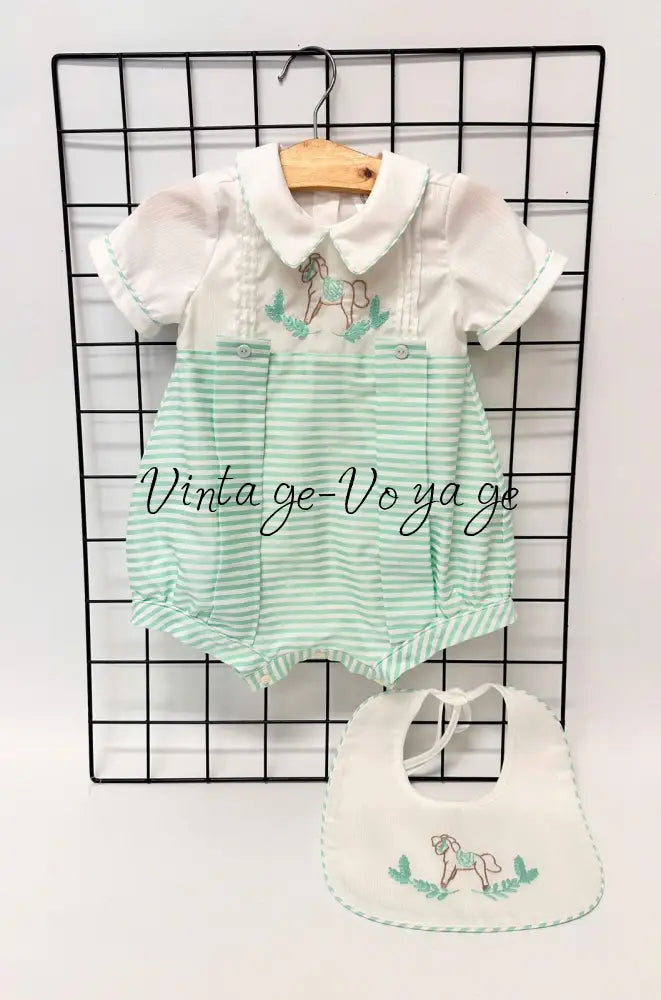 PRE-ORDER & GET IT NEXT WEEK!NEW!ROCKING HORSE🐴MINT STRIPES🧲HAND-EMBROIDERED🧵🪡ROMPER & BIB SET👼 NB-1 Baby & Toddler