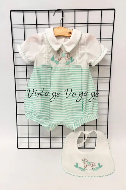 PRE-ORDER & GET IT NEXT WEEK!NEW!ROCKING HORSE🐴MINT STRIPES🧲HAND-EMBROIDERED🧵🪡ROMPER & BIB SET👼 NB-1 Baby & Toddler