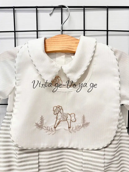 PRE-ORDER & GET IT NEXT WEEK! NEW!ROCKING HORSE🐴SILVER/GREY STRIPES🧲HAND-EMBROIDERED🧵🪡ROMPER & BIB SET👼 Baby & Toddler