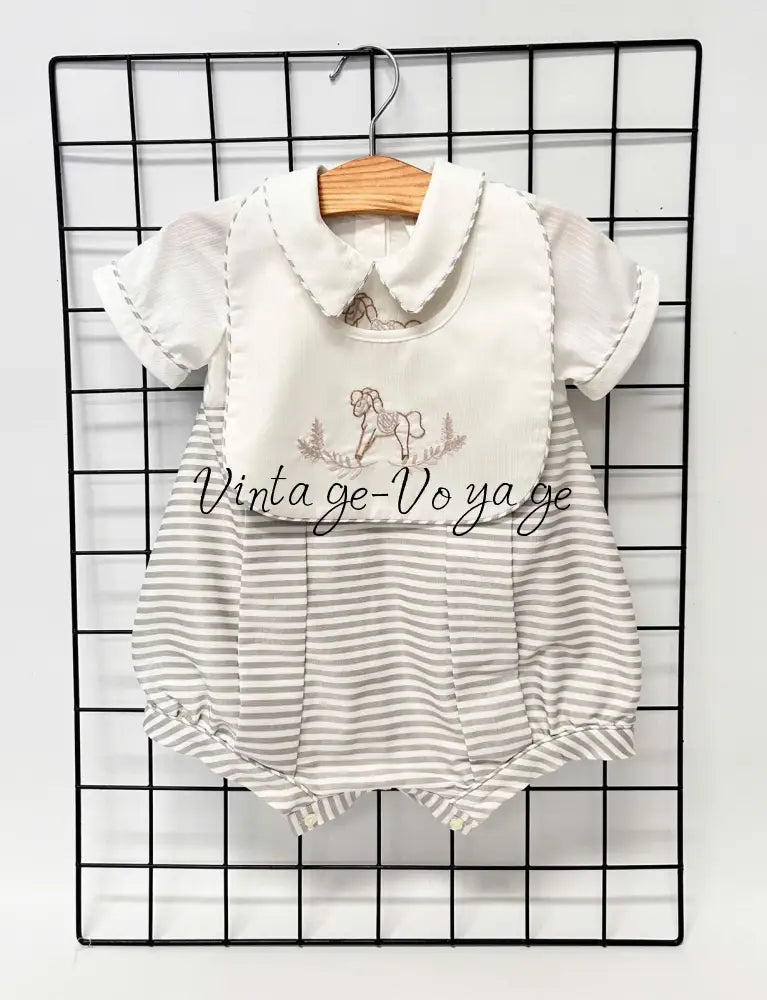 PRE-ORDER & GET IT NEXT WEEK! NEW!ROCKING HORSE🐴SILVER/GREY STRIPES🧲HAND-EMBROIDERED🧵🪡ROMPER & BIB SET👼 Baby & Toddler