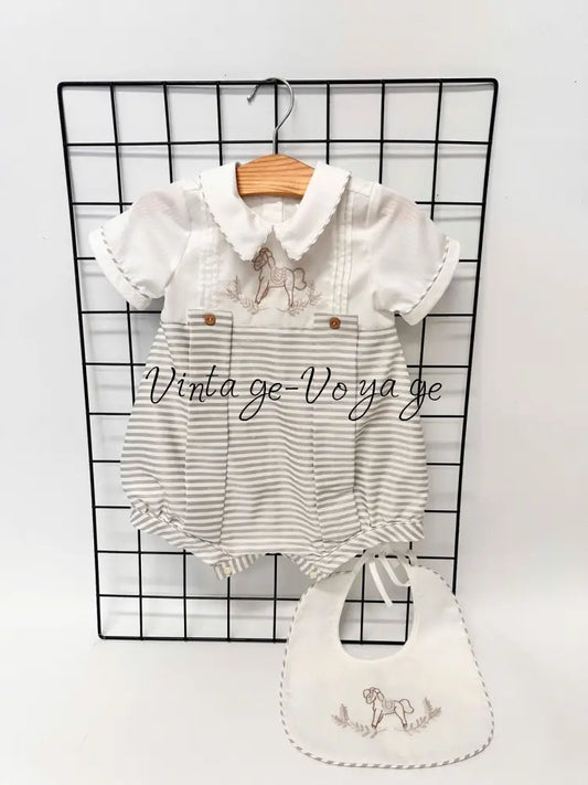 PRE-ORDER & GET IT NEXT WEEK! NEW!ROCKING HORSE🐴SILVER/GREY STRIPES🧲HAND-EMBROIDERED🧵🪡ROMPER & BIB SET👼 NB-1M Baby &