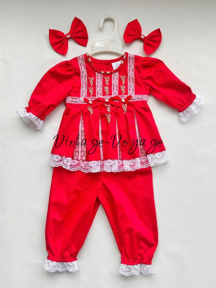 PRE-ORDER & GET IT NEXT WEEK! NEW🤩ROSY RED💞💞COTTON HAND-EMBROIDERED🧵🪡LACE & RIBBON PYJAMA SET🎀 3M pyjama set