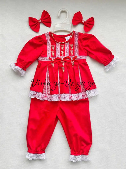 PRE-ORDER & GET IT NEXT WEEK! NEW🤩ROSY RED💞💞COTTON HAND-EMBROIDERED🧵🪡LACE & RIBBON PYJAMA SET🎀 3M pyjama set