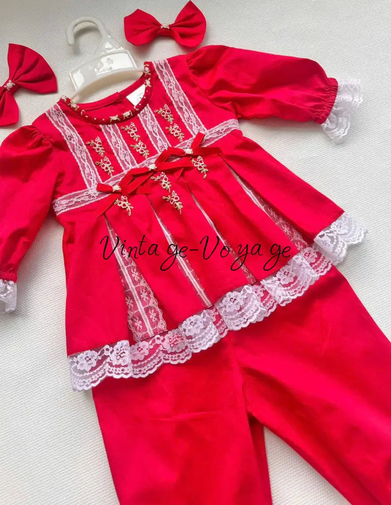 PRE-ORDER & GET IT NEXT WEEK! NEW🤩ROSY RED💞💞COTTON HAND-EMBROIDERED🧵🪡LACE & RIBBON PYJAMA SET🎀 pyjama set