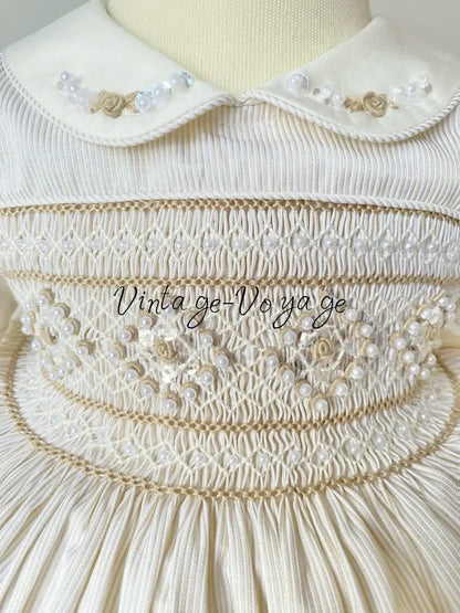 PRE-ORDER & GET IT NEXT WEEK! NEW SEASON! AMELIE GOLDEN BEIGE PINSTRIPE HAND-SMOCKED DRESS & ACCESSORIES - 12M - Baby &