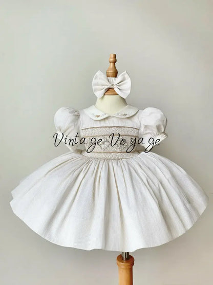 PRE-ORDER & GET IT NEXT WEEK! NEW SEASON! AMELIE GOLDEN BEIGE PINSTRIPE HAND-SMOCKED DRESS & ACCESSORIES - 6M - Baby &