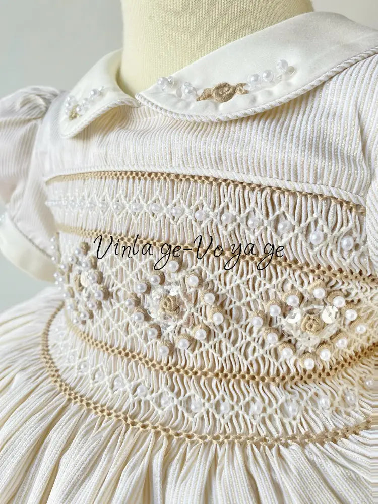 PRE-ORDER & GET IT NEXT WEEK! NEW SEASON! AMELIE GOLDEN BEIGE PINSTRIPE HAND-SMOCKED DRESS & ACCESSORIES - Baby &