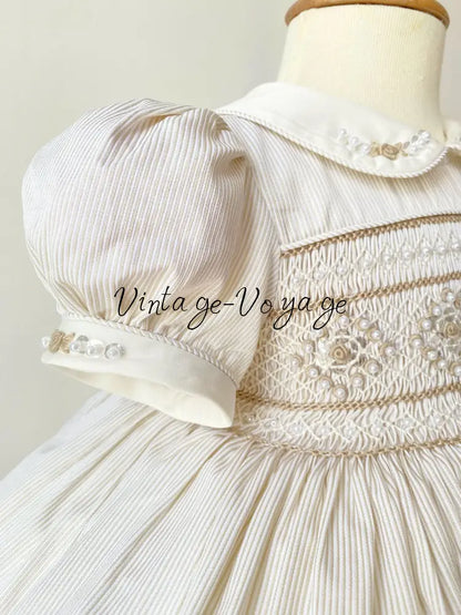 PRE-ORDER & GET IT NEXT WEEK! NEW SEASON! AMELIE GOLDEN BEIGE PINSTRIPE HAND-SMOCKED DRESS & ACCESSORIES - Baby &