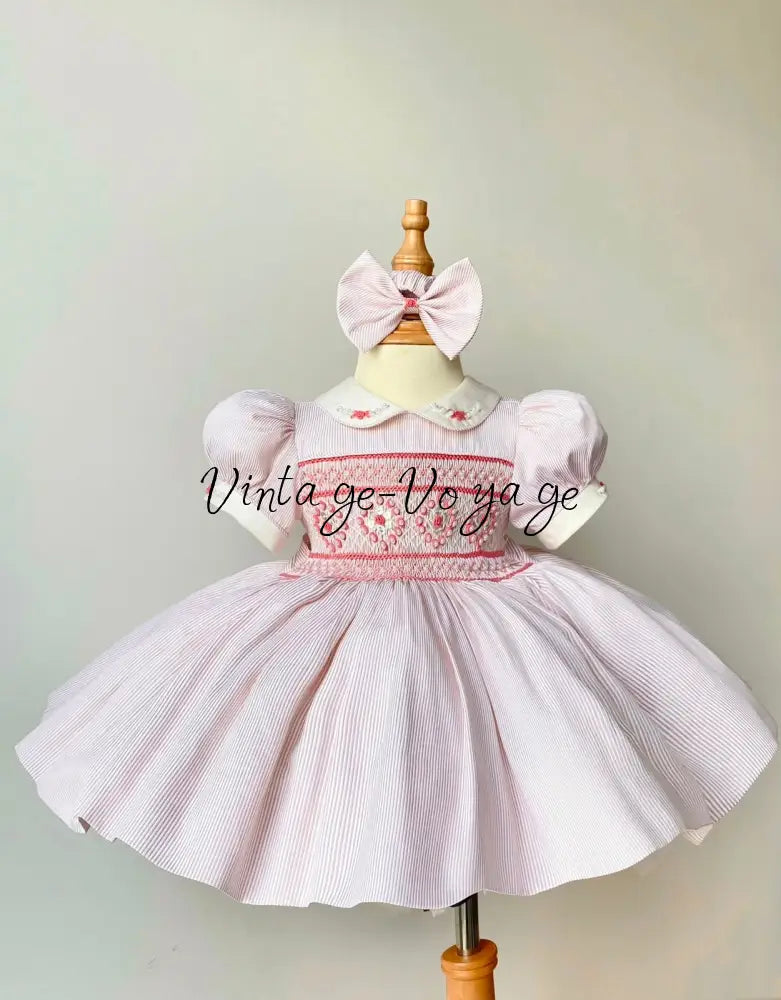 PRE-ORDER & GET IT NEXT WEEK! NEW SEASON! AMELIE PEACH PINSTRIPE HAND-SMOCKED DRESS & ACCESSORIES - 6M - Baby & Toddler