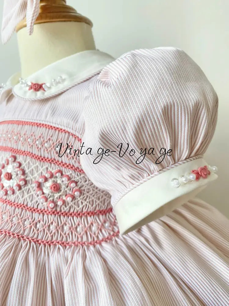 PRE-ORDER & GET IT NEXT WEEK! NEW SEASON! AMELIE PEACH PINSTRIPE HAND-SMOCKED DRESS & ACCESSORIES - Baby & Toddler