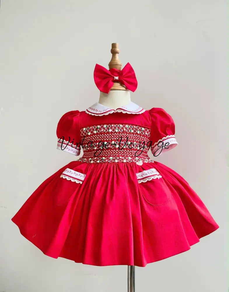 PRE-ORDER & GET IT NEXT WEEK! NEW SEASON🎄ISABELLA RED❤️HAND-SMOCKED🧵🪡👑DRESS & ACCESSORIES🎀❄️ - 6M - Baby & Toddler