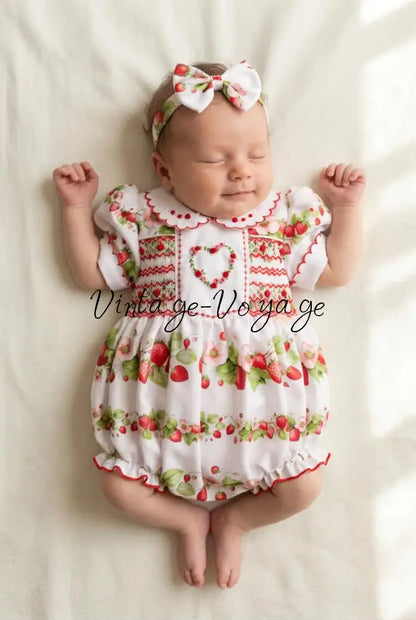 PRE-ORDER & GET IT NEXT WEEK! NEW! STRAWBERRY BLOSSOM HAND-SMOCKED BABY ROMPER & HAIR ACCESSORIES - NB-1M - Baby &