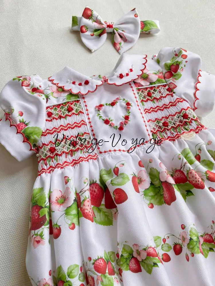 PRE-ORDER & GET IT NEXT WEEK! NEW! STRAWBERRY BLOSSOM HAND-SMOCKED BABY ROMPER & HAIR ACCESSORIES - Baby & Toddler