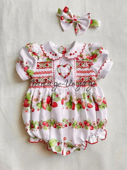 PRE-ORDER & GET IT NEXT WEEK! NEW! STRAWBERRY BLOSSOM HAND-SMOCKED BABY ROMPER & HAIR ACCESSORIES - Baby & Toddler