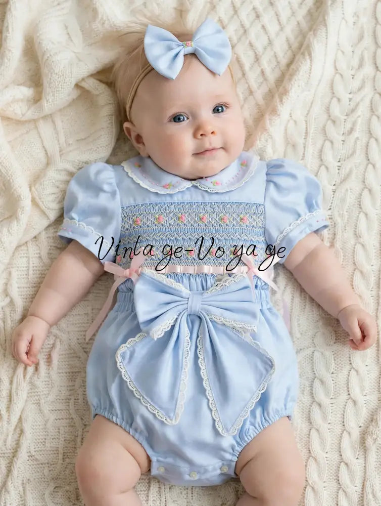 PRE-ORDER & GET IT NEXT WEEK‼️VIVI ROSE☔️BABY BLUE HAND-SMOCKED 🧵🪡👑ROMPER SET🎀 - 1M - Baby & Toddler Outfits