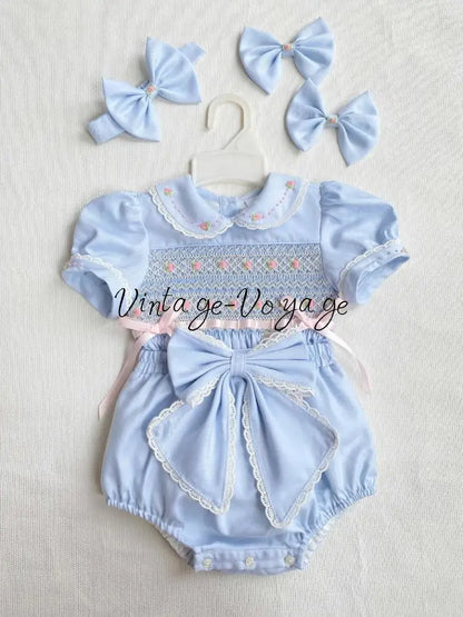 PRE-ORDER & GET IT NEXT WEEK‼️VIVI ROSE☔️BABY BLUE HAND-SMOCKED 🧵🪡👑ROMPER SET🎀 - Baby & Toddler Outfits