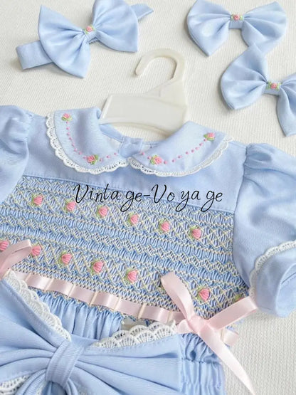 PRE-ORDER & GET IT NEXT WEEK‼️VIVI ROSE☔️BABY BLUE HAND-SMOCKED 🧵🪡👑ROMPER SET🎀 - Baby & Toddler Outfits