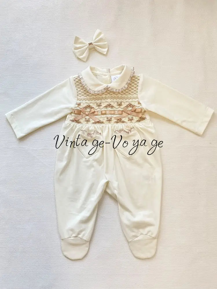 PRE-ORDER & GET IT SOON! NEW! BELLA FULLY HAND-SMOCKED SLEEPSUIT & BABY HEADBAND SET - N/B-1M - Baby & Toddler Outfits
