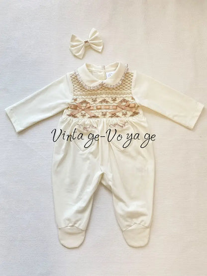 PRE-ORDER & GET IT SOON! NEW! BELLA FULLY HAND-SMOCKED SLEEPSUIT & BABY HEADBAND SET - N/B-1M - Baby & Toddler Outfits